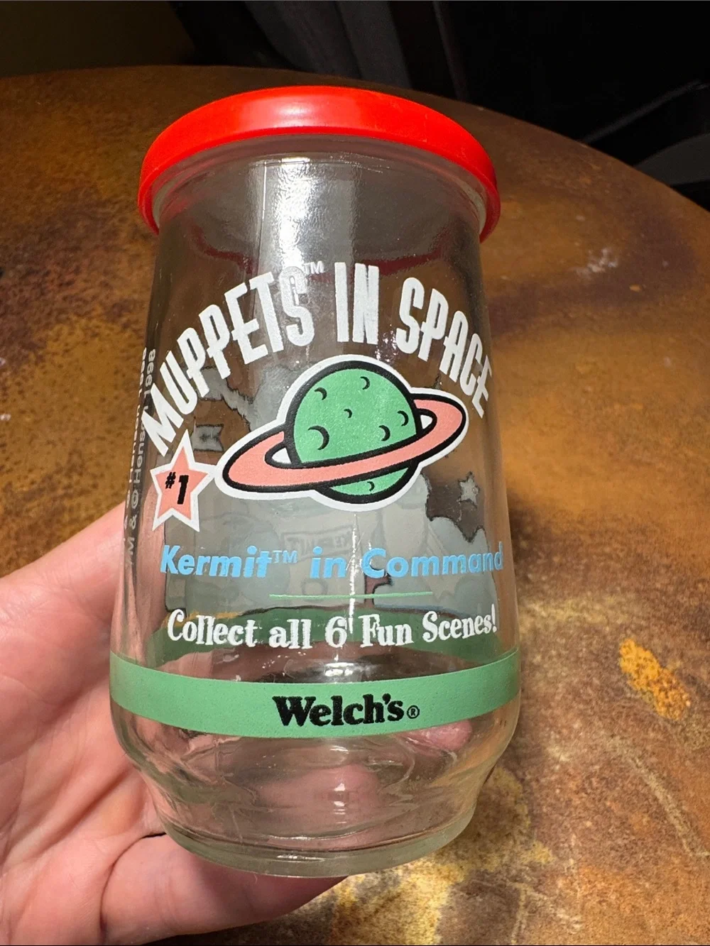 Vtg 1998 Welch’s Muppets in Space Jelly Jar Glass-Kermit in Command #1, with lid